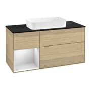 V&B Meuble sous-lavabo Finion 120 cm, placage bois, tiroir gauche blanc mat, ouverture à bouton