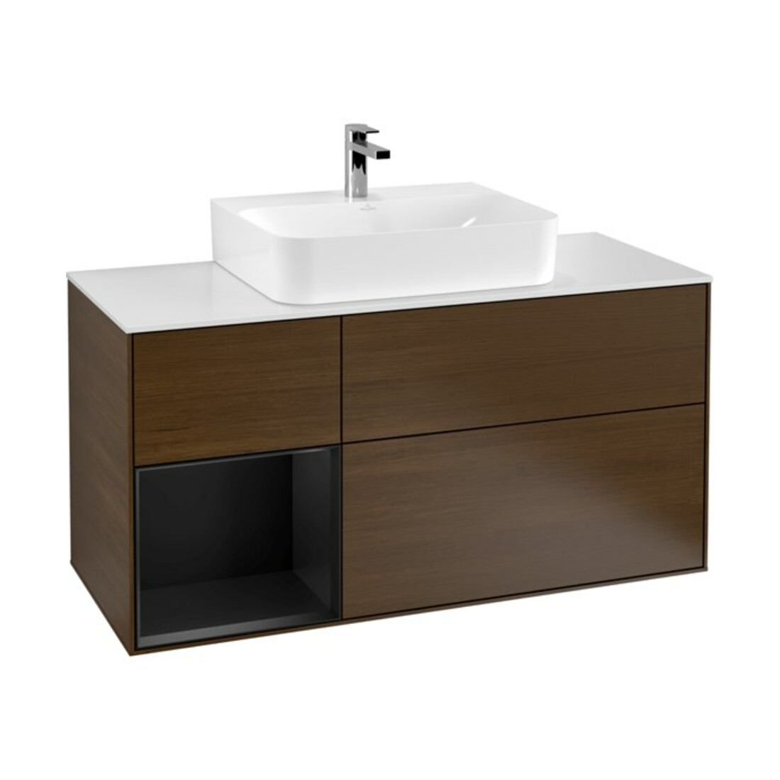 V&B Meuble sous lavabo Finion 120 cm, placage bois, tiroir gauche, bleu mat, noyer veinée