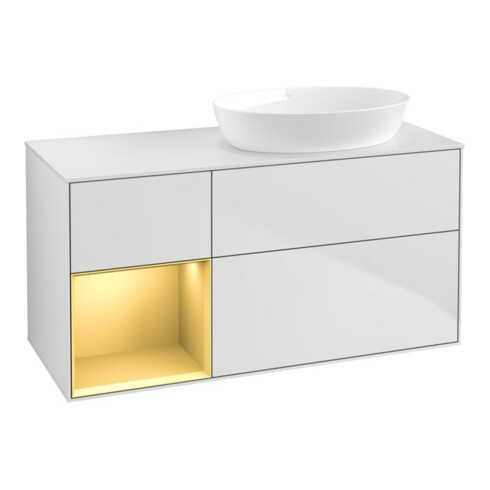 V&B Meuble sous-lavabo Finion 120 cm, placage bois, tiroir, laqué blanc