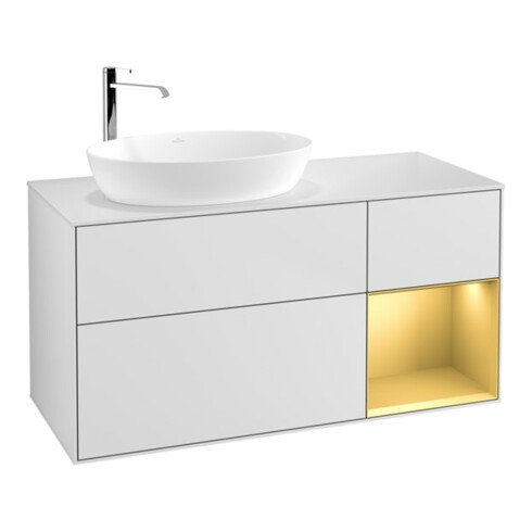 V&B Meuble sous lavabo Finion 120 cm, placage bois, tiroir, laqué blanc, laqué