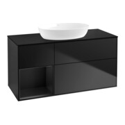 V&B Meuble sous lavabo Finion 120 cm, placage bois, tiroir laqué bleu