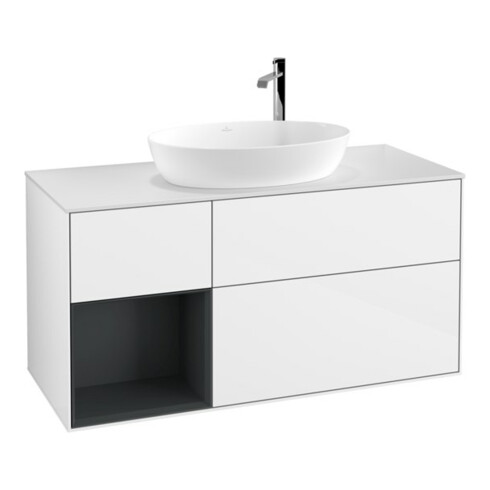 V&B Meuble sous lavabo Finion 120 cm, placage bois, tiroir médian, laqué blanc brillant
