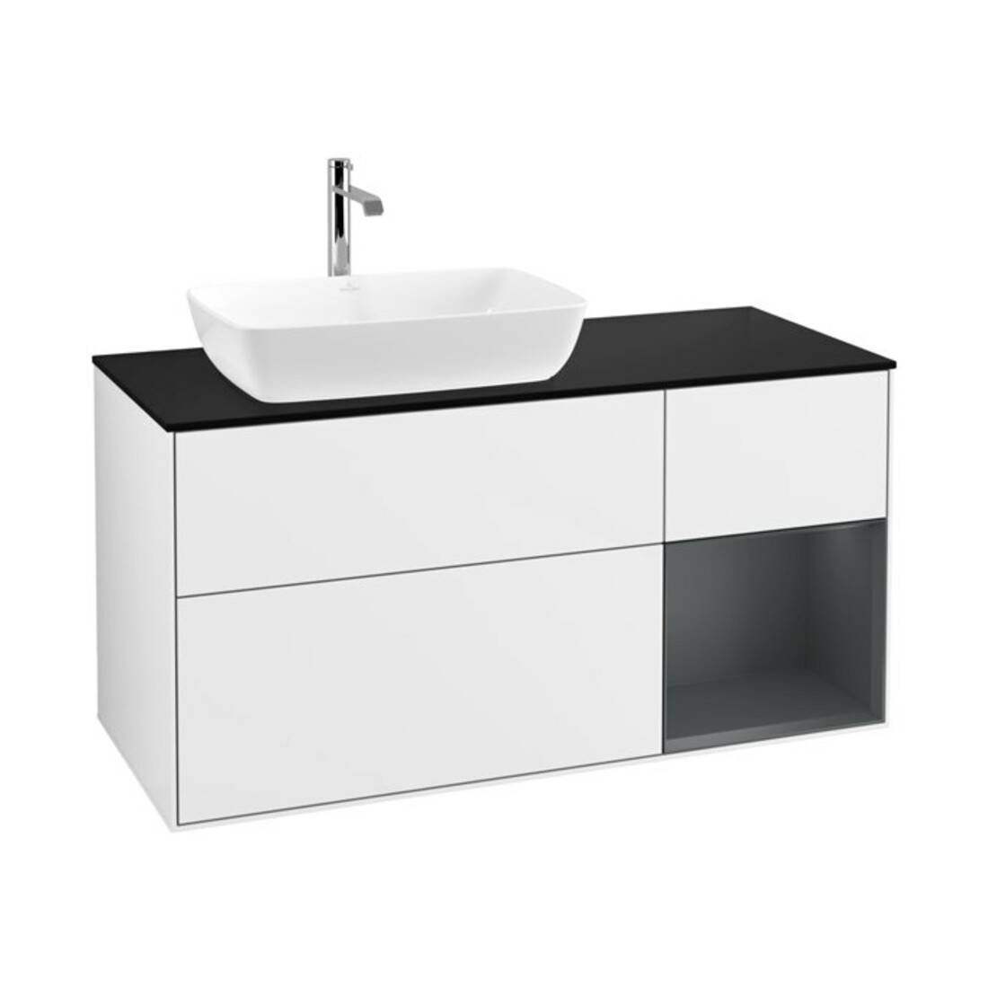 V&B Meuble sous lavabo Finion 120 cm, placage bois, tiroir médium, laqué blanc brillant
