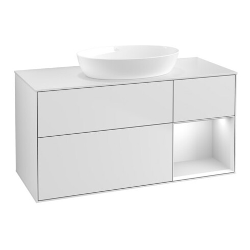 V&B Meuble sous lavabo Finion 120 cm, placage bois, tiroirs blancs laqués