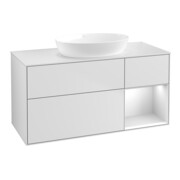 V&B Meuble sous lavabo Finion 120 cm, placage bois, tiroirs blancs laqués