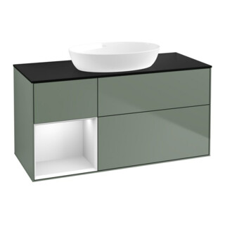 V&B Meuble sous lavabo Finion 120 cm, placage bois, tiroirs blancs laqués, olivier laqué