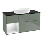 V&B Meuble sous lavabo Finion 120 cm, placage bois, tiroirs blancs laqués, olivier laqué-1