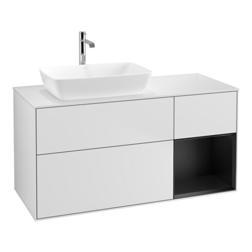 V&B Meuble sous lavabo Finion 120 cm, placage bois, tiroirs bleus laqués, blanc laqué
