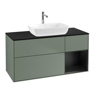 V&B Meuble sous lavabo Finion 120 cm, placage bois, tiroirs bleus laqués, olivier laqué