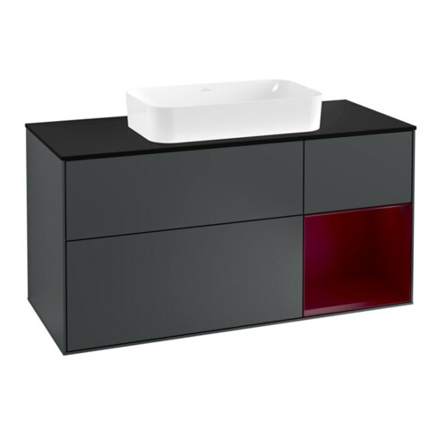 V&B Meuble sous lavabo Finion 120 cm, placage bois, tiroirs, MDF brillant laqué