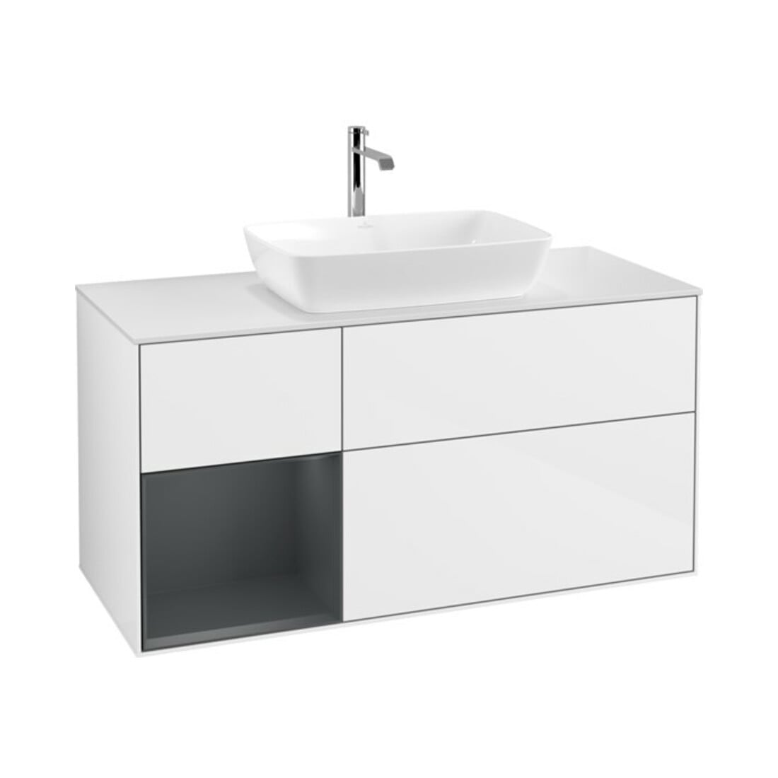 V&B Meuble sous lavabo Finion 120 cm, placage bois, tiroirs médium, laqué blanc brillant