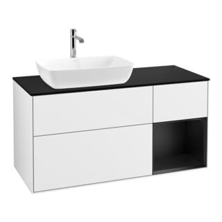 V&B Meuble sous-lavabo Finion 120 cm, placage bouleau, face bleue, laque blanc brillant