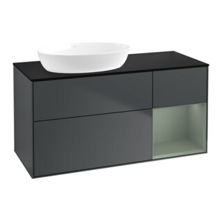 V&B Meuble sous-lavabo Finion 120 cm, placage bouleau, face olivier mat laqué, corps blanc mat laqué