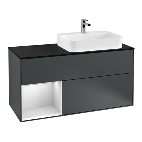 V&B Meuble sous lavabo Finion 120 cm, placage bouleau, laqué blanc mat, avec tiroir bleu mat