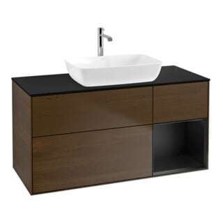 V&B Meuble sous lavabo Finion 120 cm, placage bouleau, laque bleu, noyer veinée