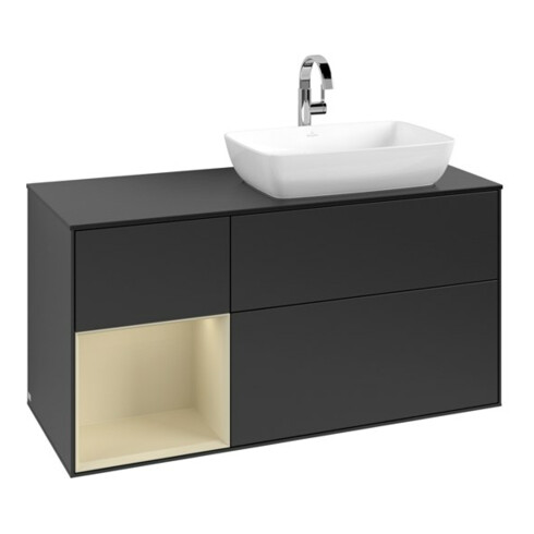 V&B Meuble sous lavabo Finion 120 cm, placage bouleau, laque gris argent, laque bleu