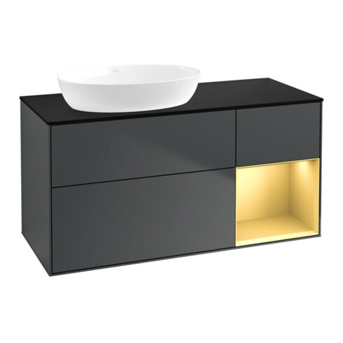 V&B Meuble sous lavabo Finion 120 cm, placage bouleau, laqué gris, avec plancher laqué bleu