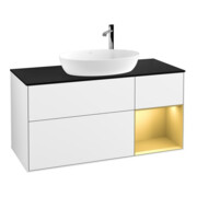 V&B Meuble sous lavabo Finion 120 cm, placage bouleau, laque or mat, laque blanc brillant