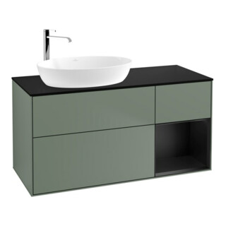 V&B Meuble sous lavabo Finion 120 cm, placage bouleau mat, tiroir bleu mat laqué, poignée mat laqué
