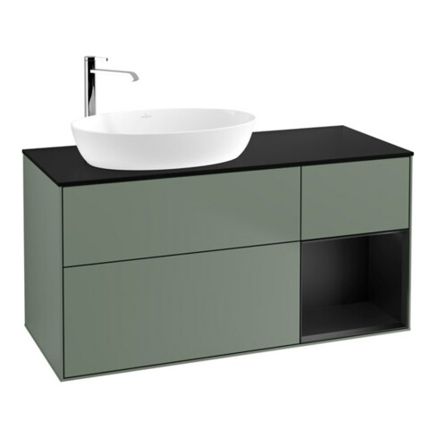 V&B Meuble sous lavabo Finion 120 cm, placage bouleau mat, tiroir bleu mat laqué, poignée mat laqué