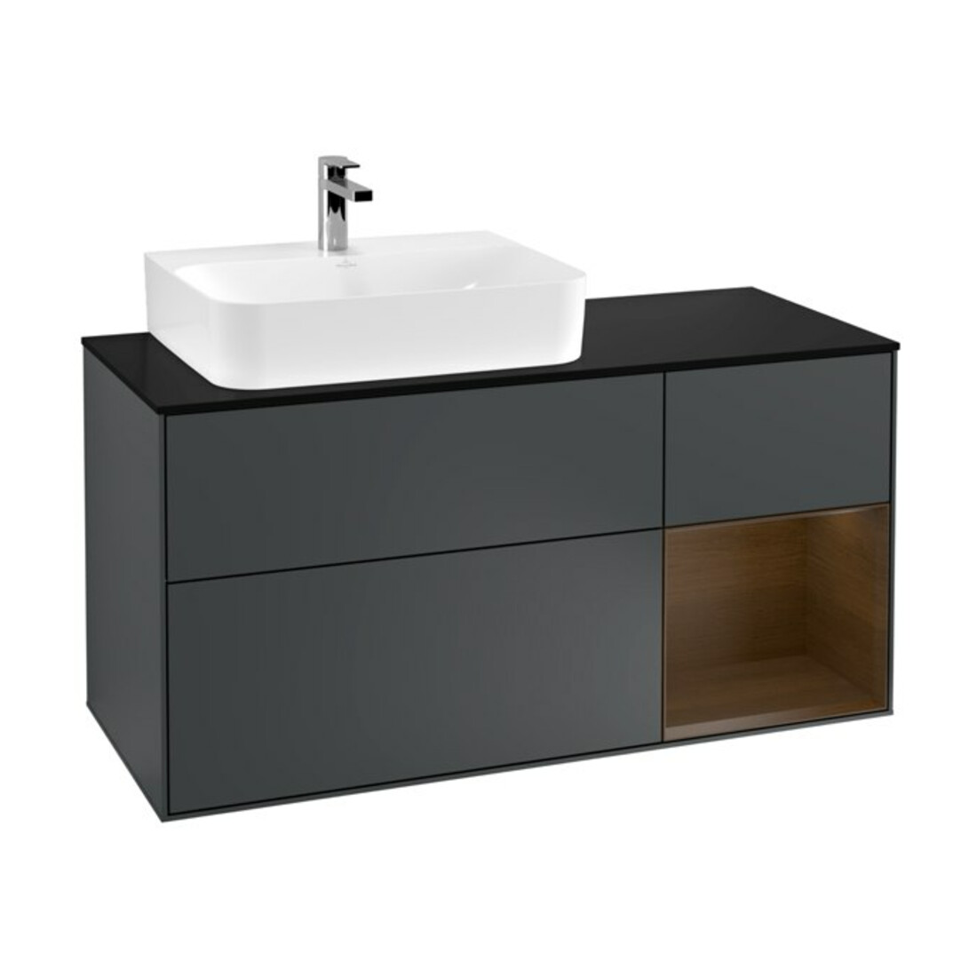 V&B Meuble sous lavabo Finion 120 cm, placage bouleau, noyer rouge, avec miroir laqué blanc