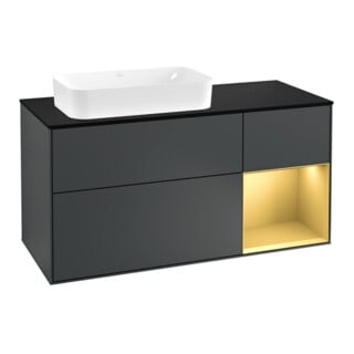 V&B Meuble sous lavabo Finion 120 cm, placage bouleau, porte droite, poignée métal laqué bleu
