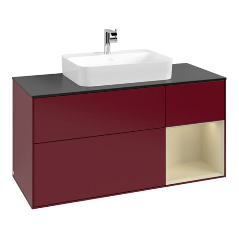 V&B Meuble sous lavabo Finion 120 cm, placage bouleau, rangement à droite, gris mat laqué, poignée métal