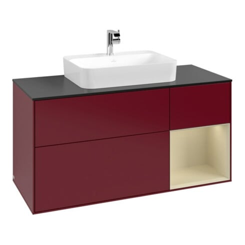 V&B Meuble sous lavabo Finion 120 cm, placage bouleau, rangement à droite, gris mat laqué, poignée métal