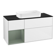 V&B Meuble sous-lavabo Finion 120 cm, placage bouleau, rangement latéral, blanc brillant laqué