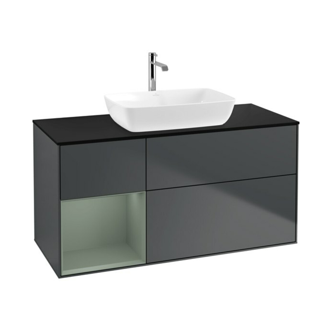 V&B Meuble sous lavabo Finion 120 cm, placage bouleau, rangement ouvert mat laqué, mat bleu mat laqué