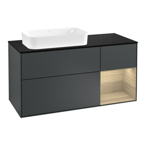 V&B Meuble sous lavabo Finion 120 cm, placage bouleau, rouge Oaven, avec plan en lacqué bleu