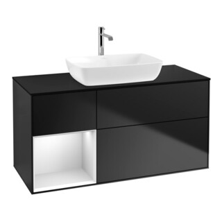 V&B Meuble sous-lavabo Finion 120 cm, placage bouleau, tiroir blanc laqué, façade bleue laquée