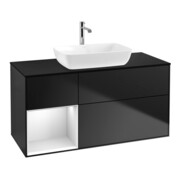 V&B Meuble sous-lavabo Finion 120 cm, placage bouleau, tiroir blanc laqué, façade bleue laquée