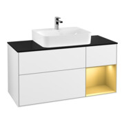 V&B Meuble sous-lavabo Finion 120 cm, placage bouleau, tiroir réglable, blanc brillant, laqué