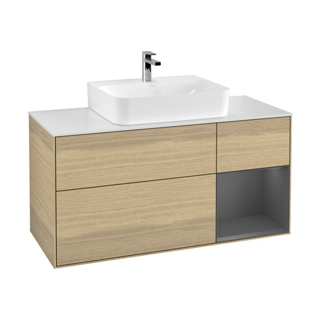 V&B Meuble sous lavabo Finion 120 cm, placage chêne, anthracite, tiroirs à droite