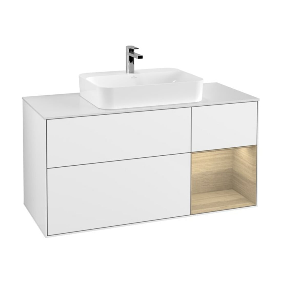V&B Meuble sous-lavabo Finion 120 cm, placage chêne, droite, blanc brillant, laqué