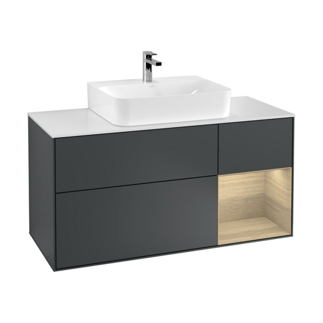 V&B Meuble sous lavabo Finion 120 cm, placage chêne, face laquée bleue