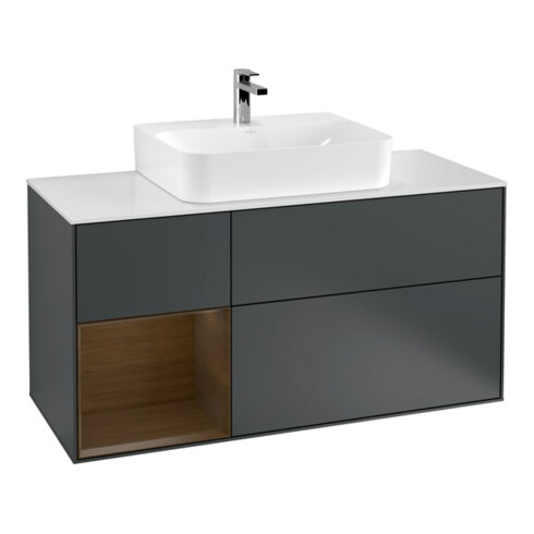 V&B Meuble sous lavabo Finion 120 cm, placage chêne, face laquée mate bleu