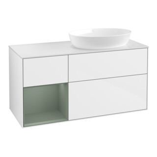 V&B Meuble sous-lavabo Finion 120 cm, placage chêne, laqué blanc brillant