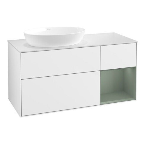 V&B Meuble sous lavabo Finion 120 cm, placage chêne, laqué blanc brillant