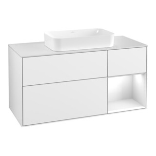 V&B Meuble sous lavabo Finion 120 cm, placage chêne, laqué blanc brillant