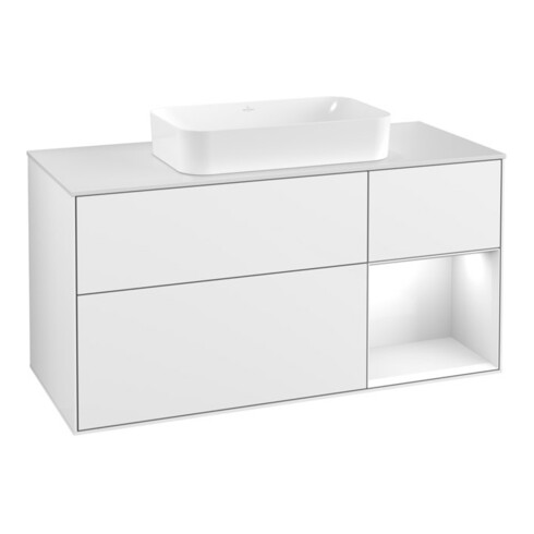 V&B Meuble sous lavabo Finion 120 cm, placage chêne, laqué blanc brillant