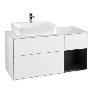 V&B Meuble sous lavabo Finion 120 cm, placage chêne, laqué blanc brillant