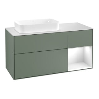 V&B Meuble sous lavabo Finion 120 cm, placage chêne, laqué blanc, poignée métal laqué