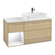 V&B Meuble sous lavabo Finion 120 cm, placage chêne, poignée à gauche, blanc brillant, laqué, ouverture à pression