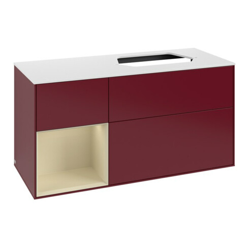 V&B Meuble sous lavabo Finion 120 cm, placage chêne, porte gauche, gris moyen, laqué, poignée métallique