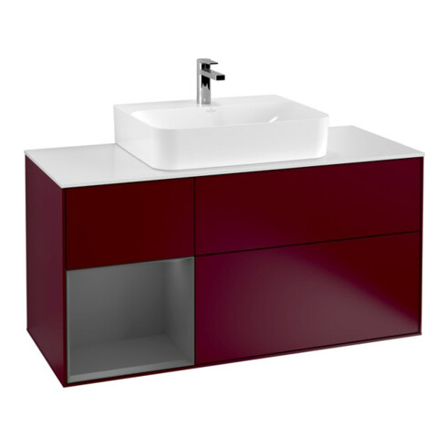 V&B Meuble sous lavabo Finion 120 cm, placage chêne, tiroir gauche anthracite, poignée métal