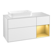 V&B Meuble sous lavabo Finion 120 cm, placage chêne, tiroirs, blanc brillant, laqué