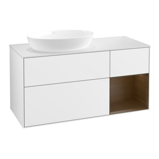 V&B Meuble sous lavabo Finion 120 cm, placage noyer, blanc brillant