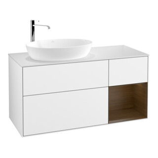 V&B Meuble sous lavabo Finion 120 cm, placage noyer, blanc brillant